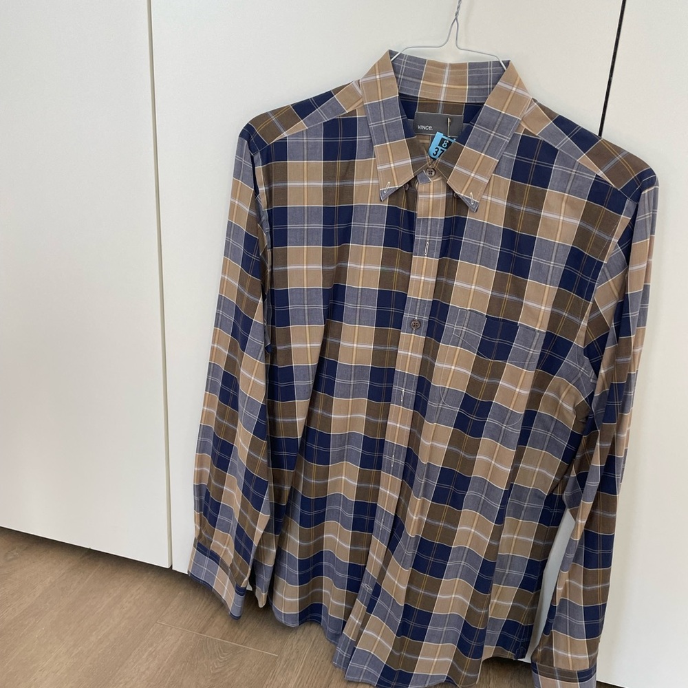 Vince Men's Blue and Brown Plaid Shirt